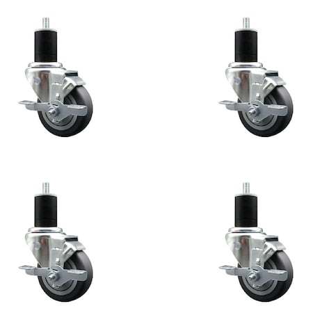 Service Caster 3.5'' SS Thermoplastic Rubber Swivel 1-3/4'' Expanding Stem Caster Set with Brake, 4PK SCC-SSEX20S3514-TPRB-TLB-134-4